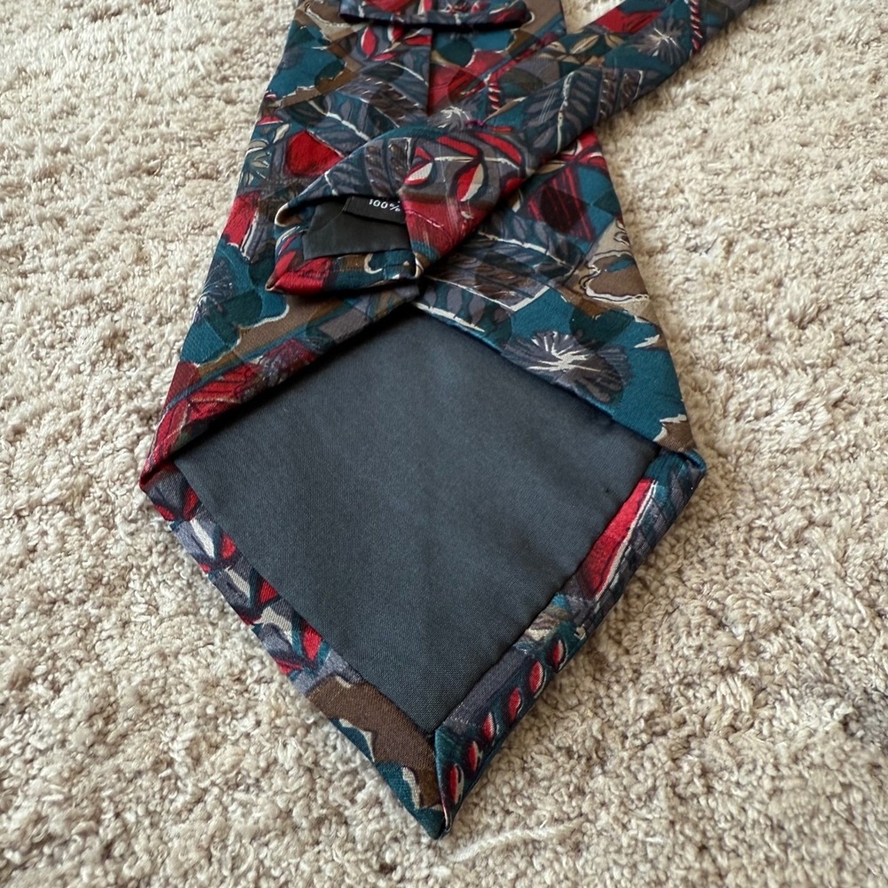 Vintage Abstract Floral Silk Tie Teal Red Geometric Handmade RN43170 3.5x59 - Picture 4 of 8